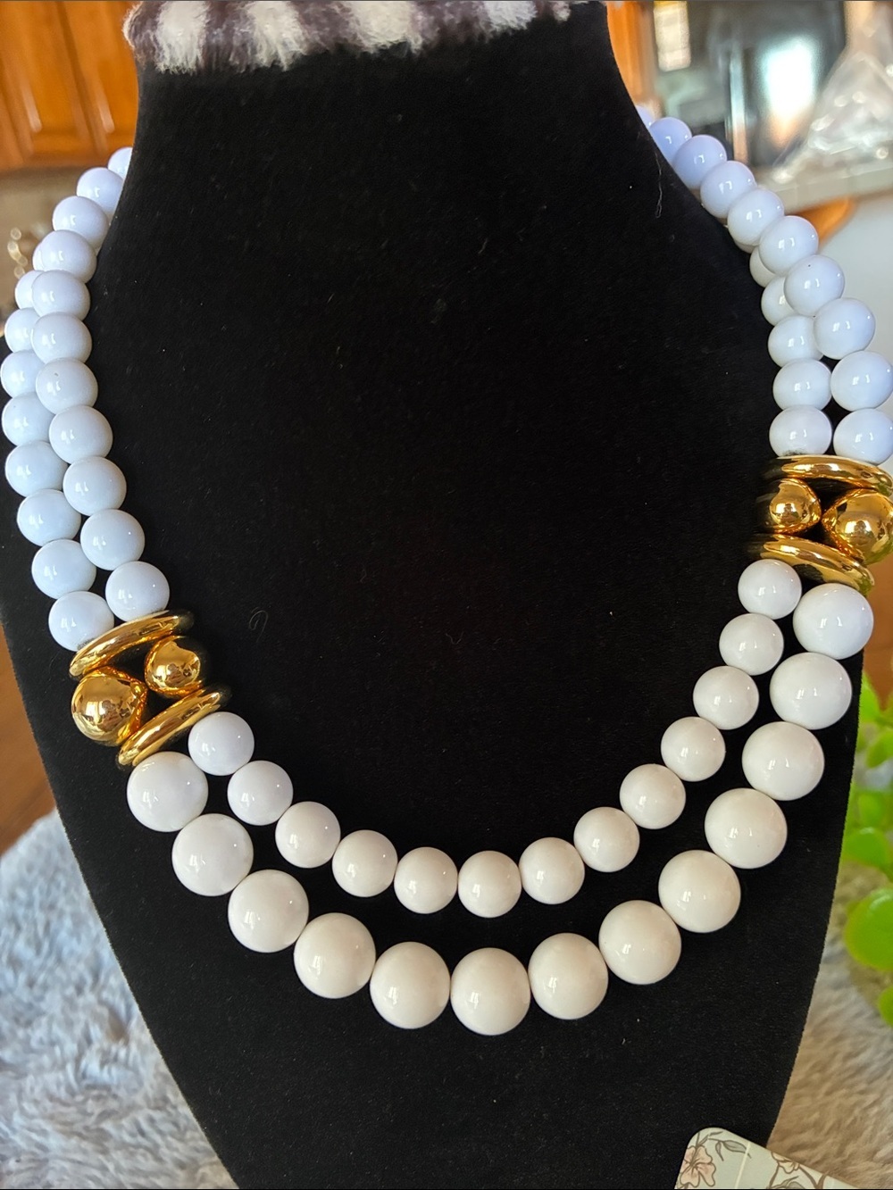 Vintage Napier White Beaded Necklace | Double Strand | Gold Accents